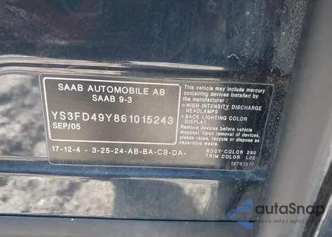 2006 Saab 9-3 2.0T from USA, damaged, VIN YS3FD49Y861015243